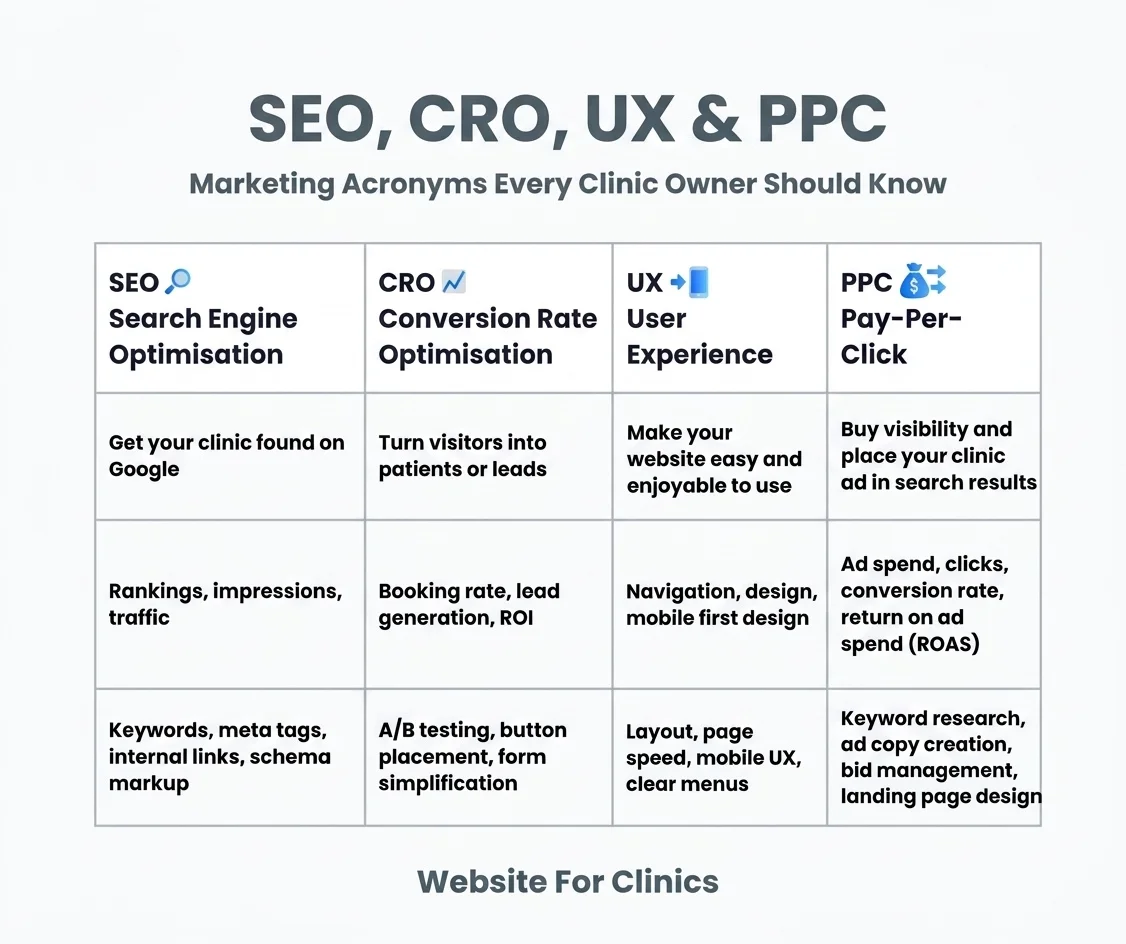 SEO-CRO-UX-PPC-Marketing-Acronyms-for-Clinic-Owners-Infographic